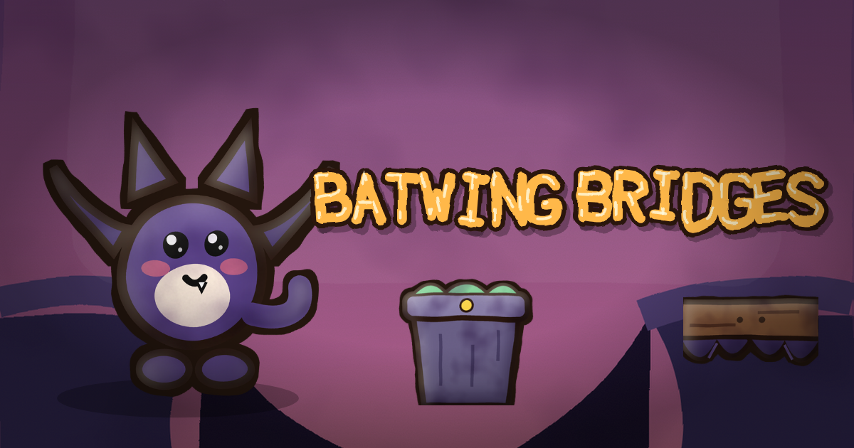 Batwing Bridges cover art: a round, smiling purple bat-eared creature with little fangs on a dusky pink hillside, beside a stone pillar and a wooden plank with bat-wing edging over a gap, with the hand-lettered orange title Batwing Bridges.