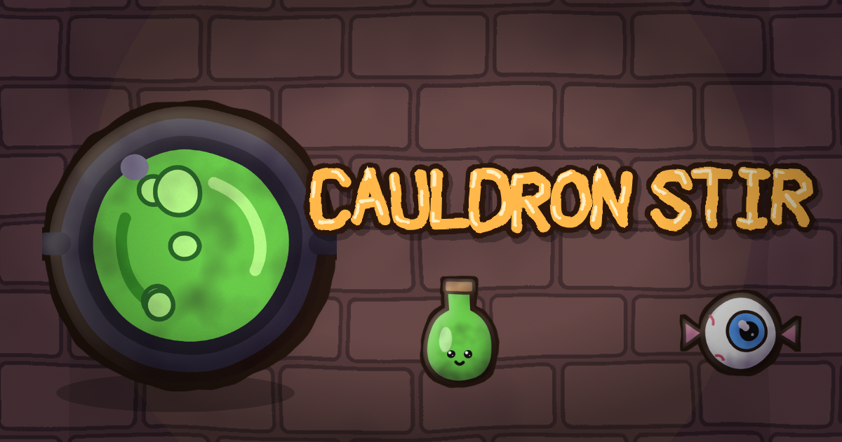 Cauldron Stir cover art: a bubbling green cauldron seen from above against a brick wall, beside a smiling green potion bottle and a sweet wrapped like an eyeball, with the hand-lettered orange title Cauldron Stir.
