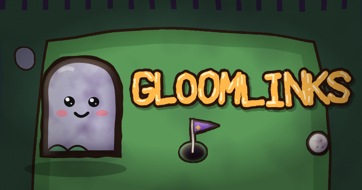 Gloomlinks cover art: a smiling lilac tombstone on a moonlit mini-golf green, beside a hole with a purple flag and a pale golf ball, with the hand-lettered orange title Gloomlinks.