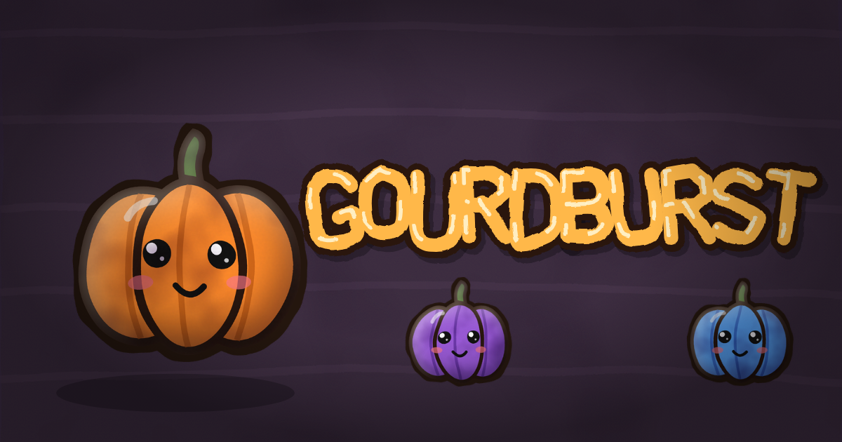 Gourdburst cover art: a big smiling orange pumpkin with rosy cheeks beside a small purple pumpkin and a small blue pumpkin on a dusky purple background, with the hand-lettered orange title Gourdburst.
