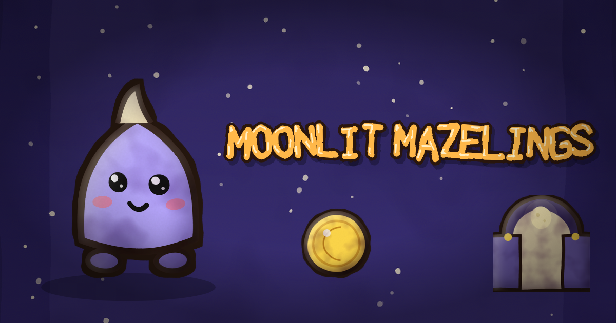 Moonlit Mazelings cover art: a smiling lilac creature with a pointed cream tuft and rosy cheeks in a starry purple night, beside a gold moon coin and a glowing arched moon gate, with the hand-lettered orange title Moonlit Mazelings.