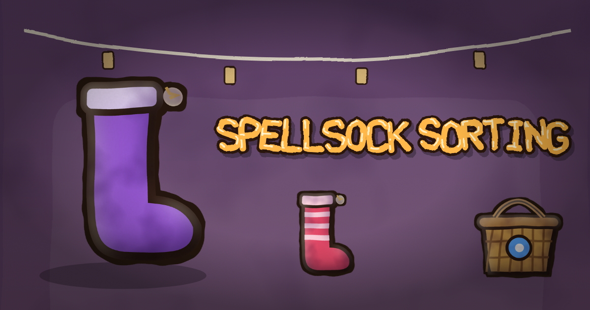 Spellsock Sorting cover art: a big purple sock and a small red-and-white striped sock under a washing line with pegs, beside a wicker basket with a blue badge, on a purple background, with the hand-lettered orange title Spellsock Sorting.